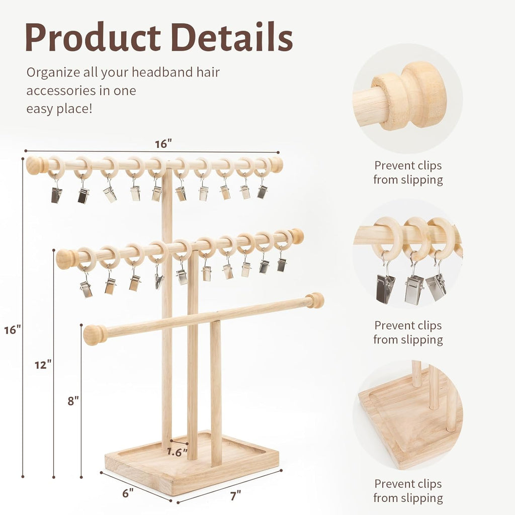 POVETIRE Headband Holder Stand Storage for Baby, 3 Tier Wooden Bow Organizer for Girls Hair Bows, Infant Hair Accessories Rack Display for Nursery Decor