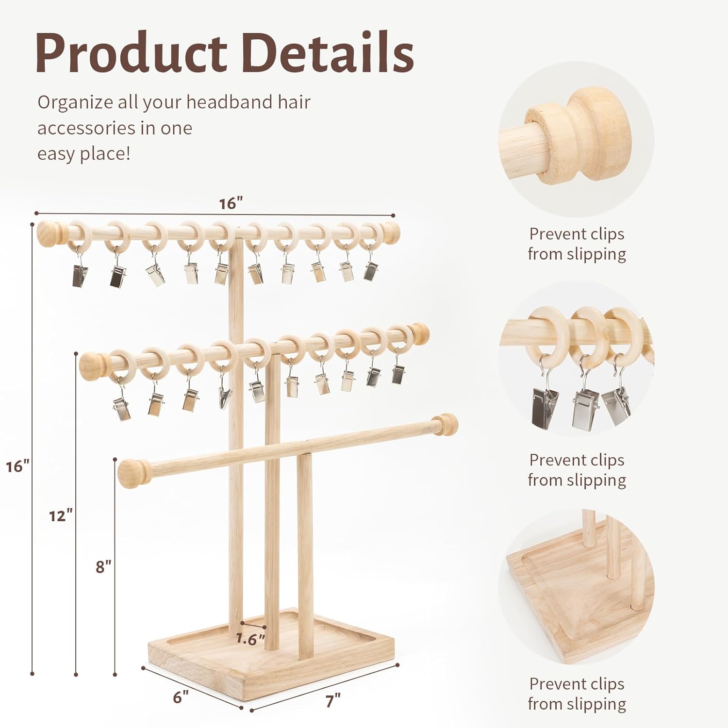 POVETIRE Headband Holder Stand Storage for Baby, 3 Tier Wooden Bow Organizer for Girls Hair Bows, Infant Hair Accessories Rack Display for Nursery Decor