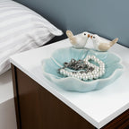 Fordonral Ceramic Jewelry Tray Trinket Dish Decorative Cute Bird & Lotus Leaf Ring Holder Dish Aesthetic Room Vanity Decor (Blue)