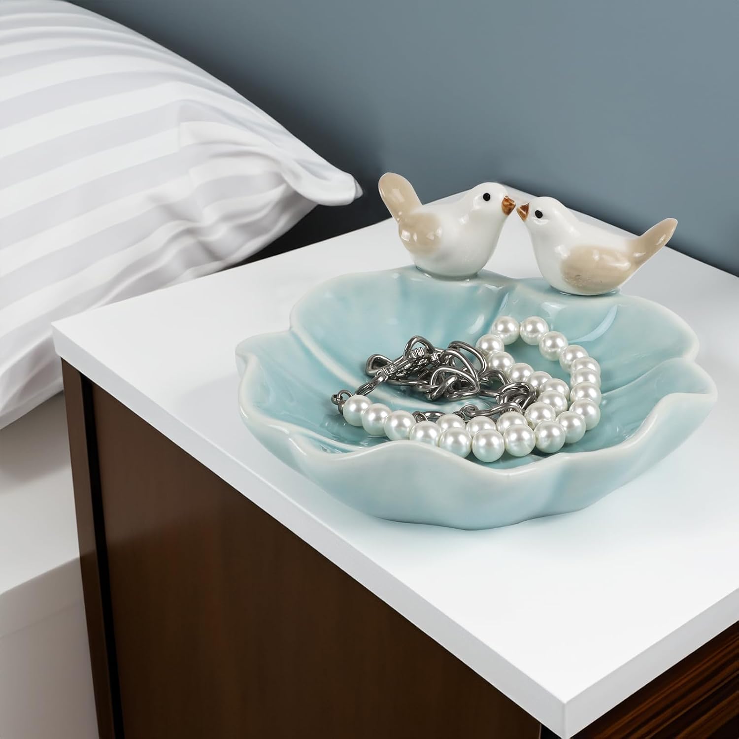 Fordonral Ceramic Jewelry Tray Trinket Dish Decorative Cute Bird & Lotus Leaf Ring Holder Dish Aesthetic Room Vanity Decor (Blue)