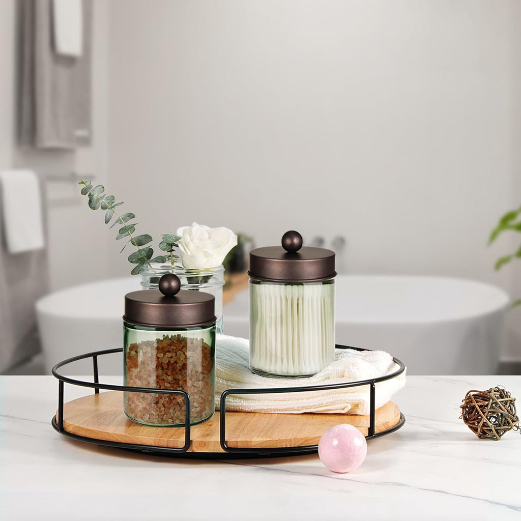 Amolliar Sage Green Qtip Holder, Glass ApothecaryJar Metal Lid & Stickers, Bathroom Qtip Holder Storage Canister, Farmhouse Decor for Cotton Balls, Swabs, Makeup Pads, Bath Salt, Floss, Bronze 2 Pack
