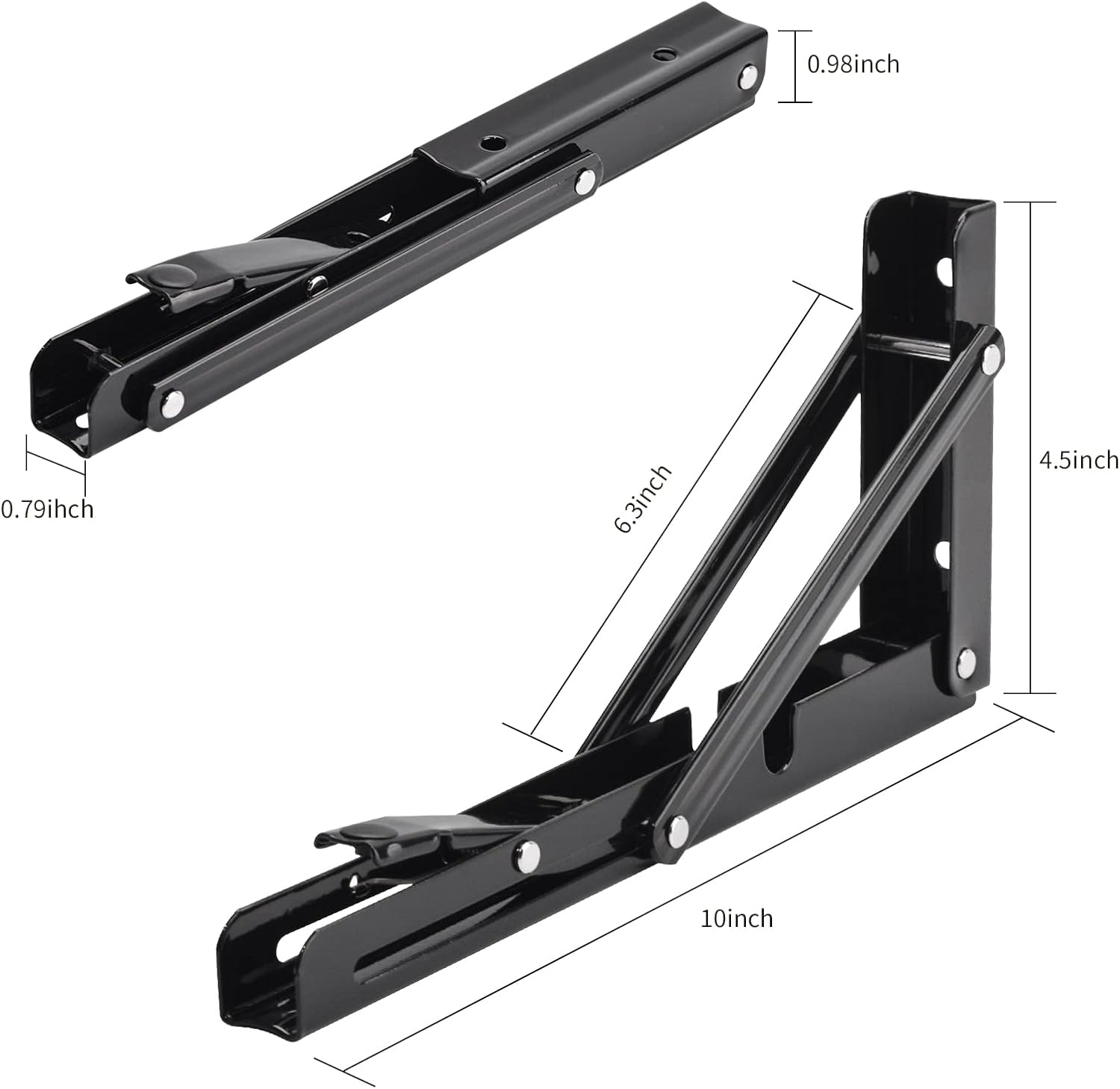YUMORE Folding Shelf Brackets, 10 Inch Heavy Duty Collapsible Shelf Bracket, Black DIY L Bracket for Workbench Folding Table Hinge, Max Load: 330lb, 2 Pack