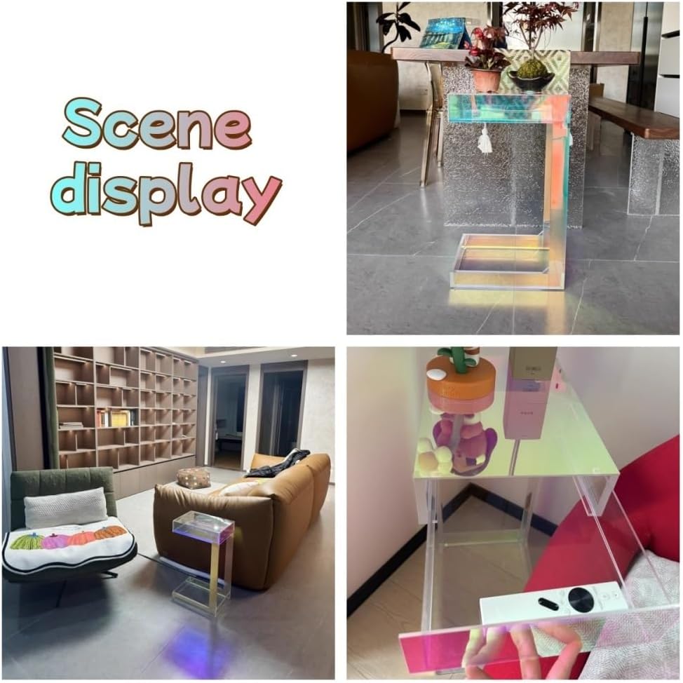 Acrylic Side Table with Integrated Base, Iridescent End Table, C-Shape Nights...