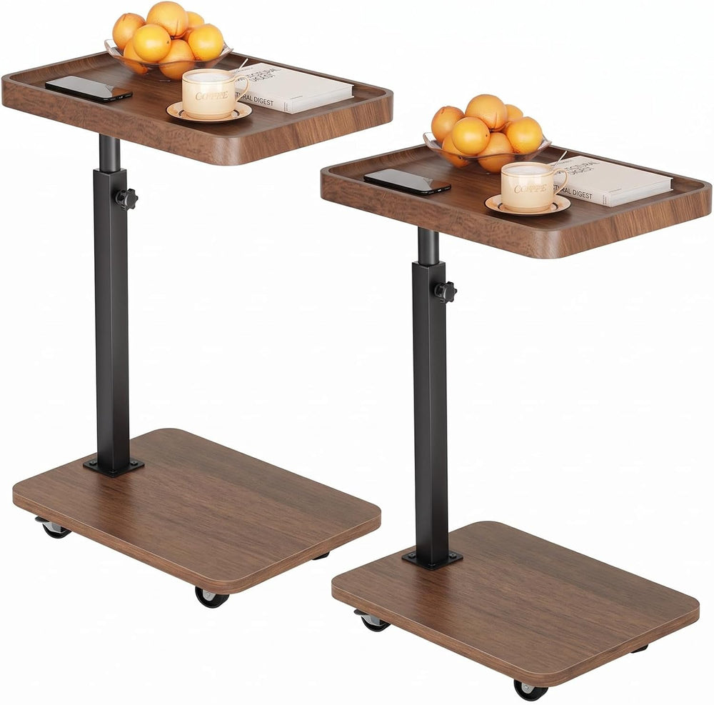 TV Tray Table Set of 2, C Shaped Adjustable End Side Table(Brown)