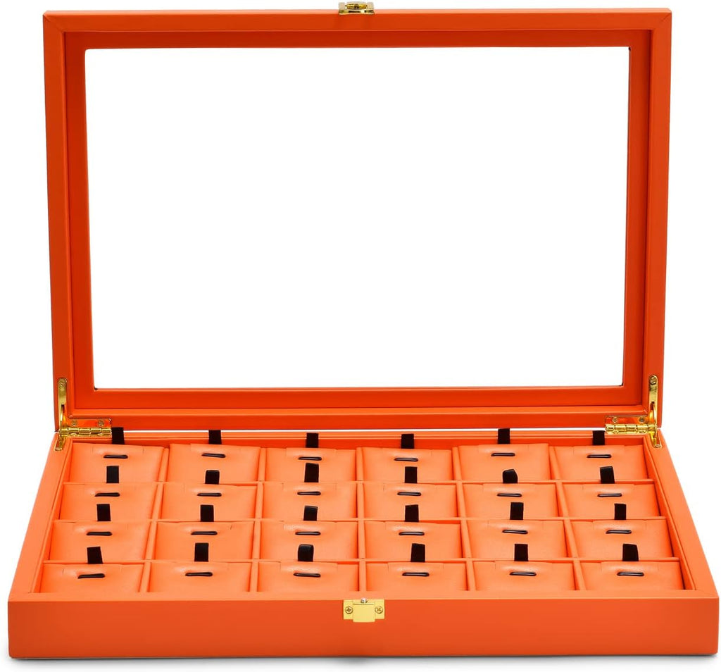Oirlv Premium Leather Jewelry Tray with 24 Grid Removable Jewelry Cards Necklace Organizer Box with Transparent Acrylic Lid Necklace Pendant Display Case