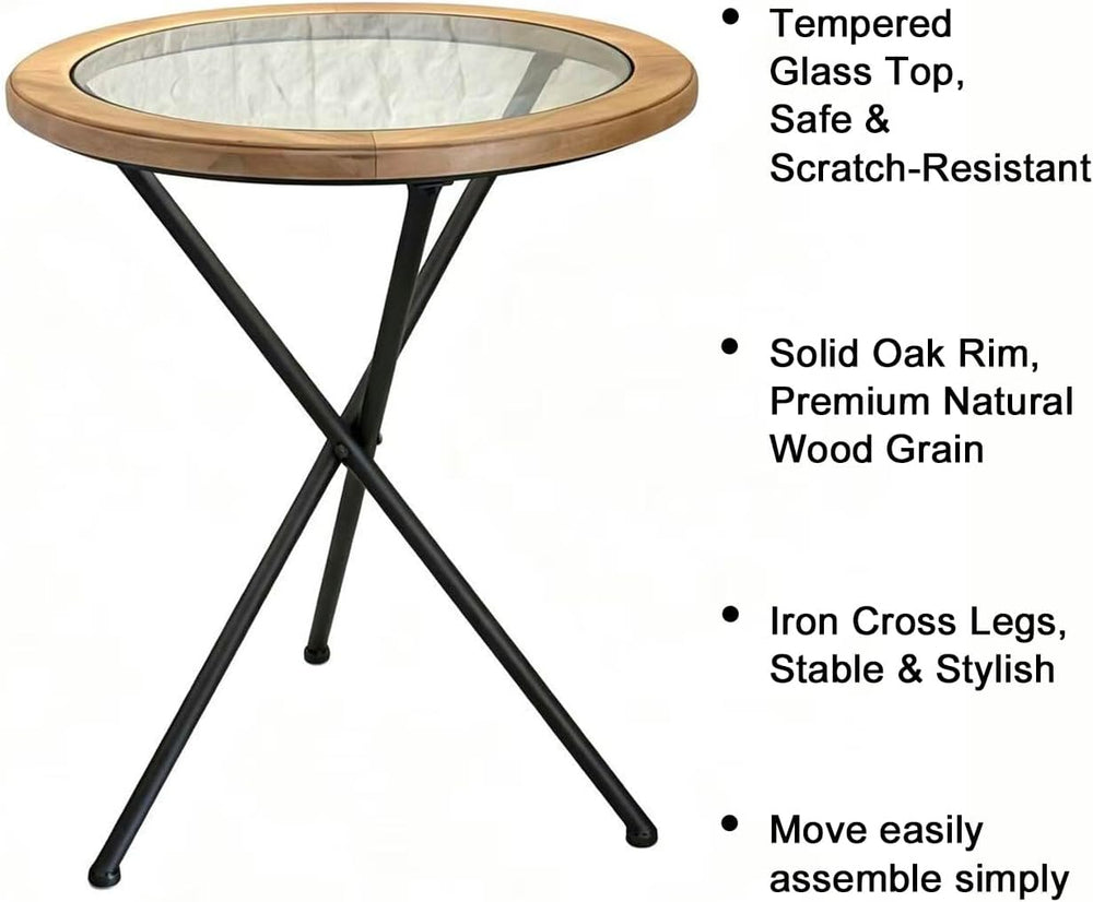 Premium Round Solid Wood Glass Top Side Table, Mid-Century Modern Industrial ...