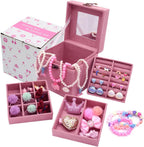 Little Girl Kids 3 Layer Lint Jewelry Box with Mirror and 35 Pieces Girl Princess Jewelry Dress Up Accessories Toy Playset Set