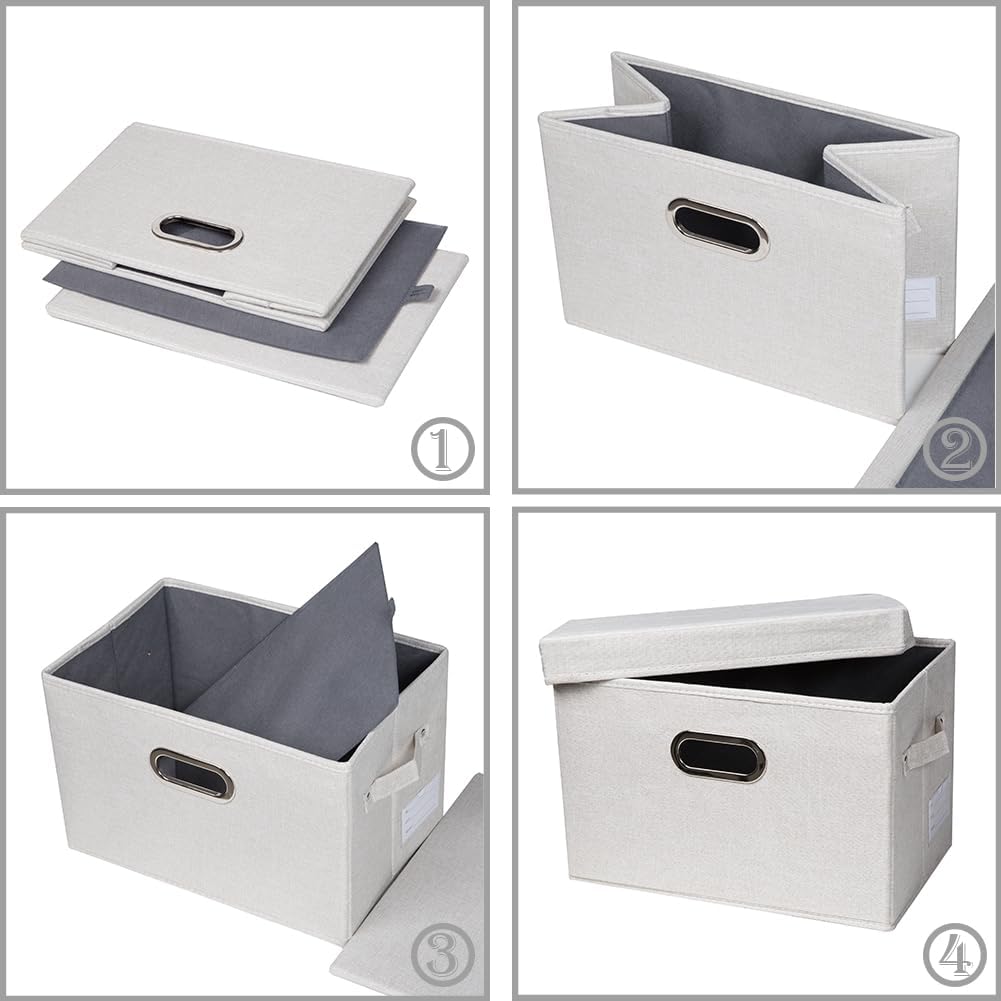 PRANDOM Large Collapsible Storage Containers with Lids [5-Pack] Fabric Foldable Storage Bins Boxes Organizer Baskets Cube with Cover for Home Bedroom Closet Office Beige(17.3x11.8x11.8)