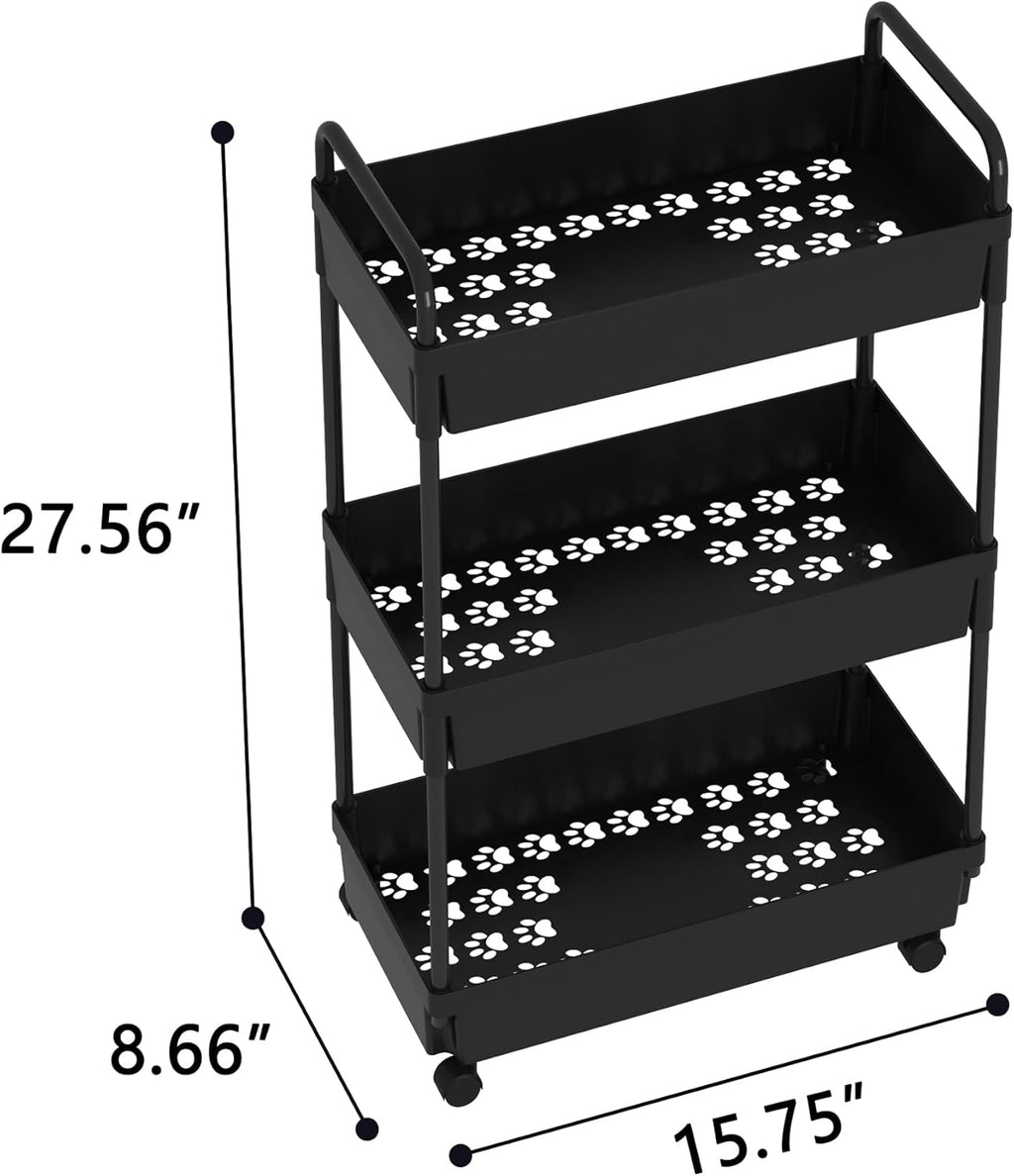 3-Tier Storage Cart，Shelf Organizer Mobile Shelving ，Utility Rolling Cart，Multifunction Movable Storage Organizer with Lockable Wheels,Black