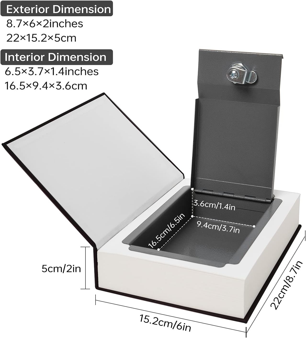 Leather Book Safe (Size 8.7"×6"×2") Real Paper Secret for Jewelry, Money and Cash, Diversion Book Safe,Hollow with Hidden,Key Lock (M, Black-Key)