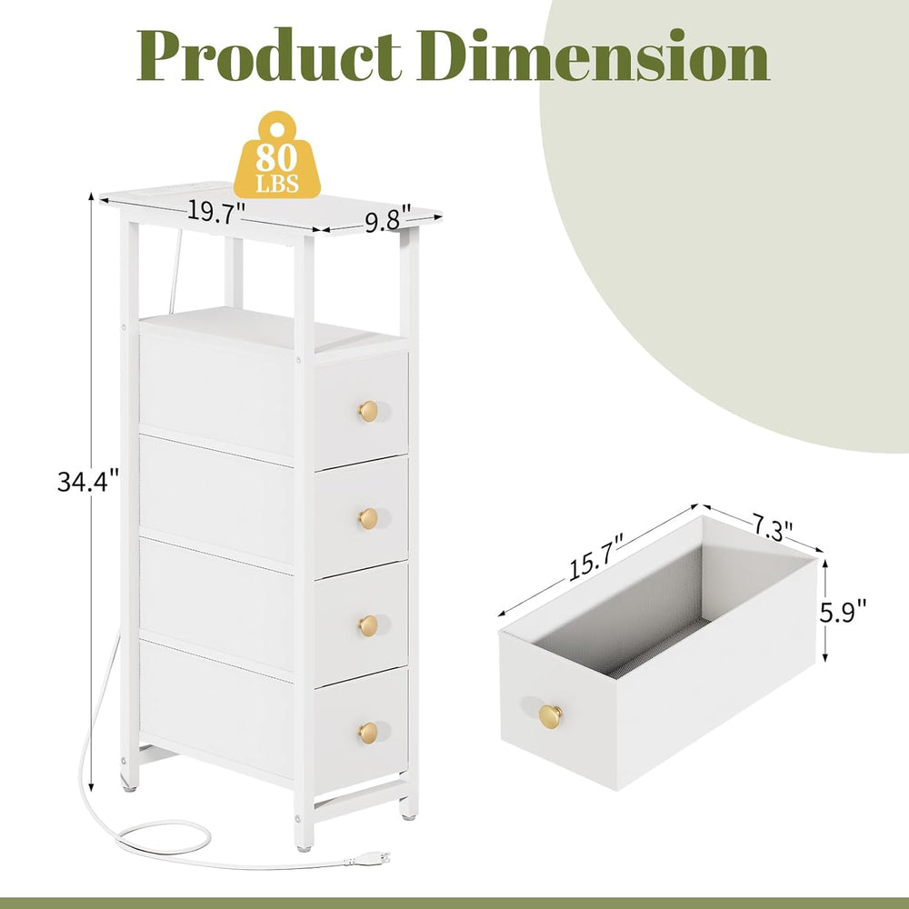 Yoobure LED Narrow Nightstand with Charging Station - Slim Dresser for Bedroo...