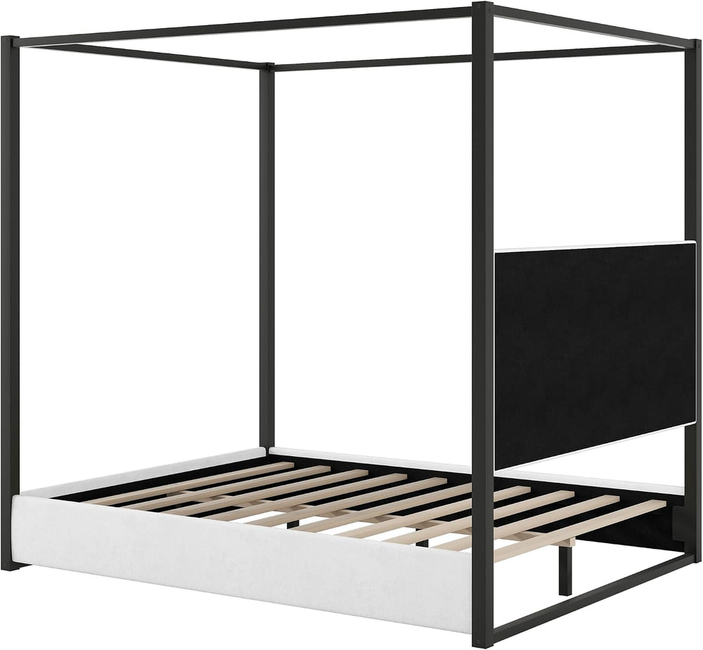 LUMISOL Queen Size Upholstered Canopy Bed, 4-Poster Platform Bed with Tall He...