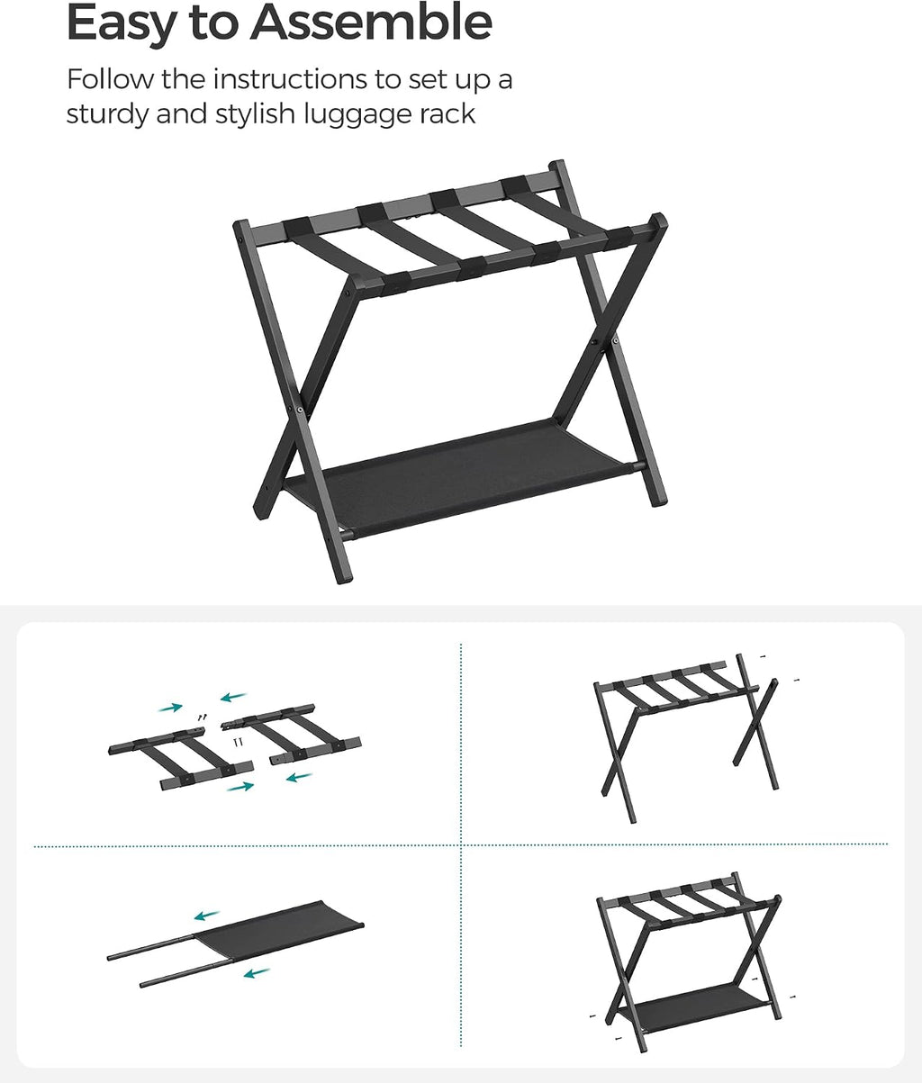 SONGMICS Luggage Racks for Guest Room, Set of 2, Suitcase Stand with Storage Shelf, Steel Frame, Foldable for Easy Storage, Hotel, Bedroom, Black URLR003B02