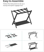 SONGMICS Luggage Racks for Guest Room, Set of 2, Suitcase Stand with Storage Shelf, Steel Frame, Foldable for Easy Storage, Hotel, Bedroom, Black URLR003B02