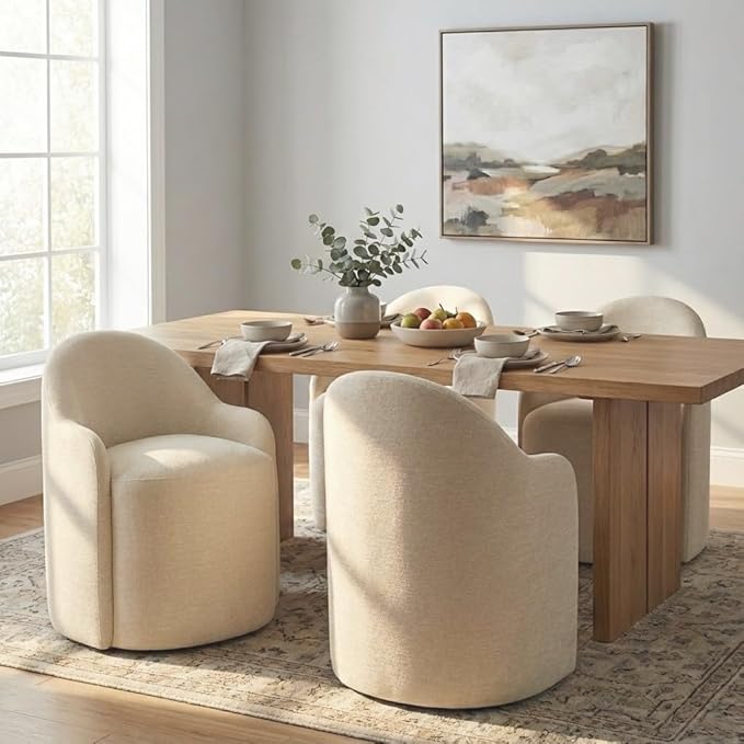 Upholstered Dining Chairs with Casters, No Assembly Modern Dining Room Chairs Accent Vanity Chair with 5 Wheels & Round Backrest for Bedroom, Living Room, Dressing, Sand Fabric, Set of 2