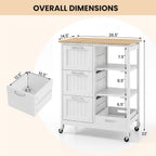 Giantex Kitchen Island Cart on Wheels, Rolling Utility Cart w/Rubber Wood Top, 3 Storage Drawers & 2 Removable Shelves & Removable Tray, Lockable Casters, Serving Cart for Dining Room, Bar, White