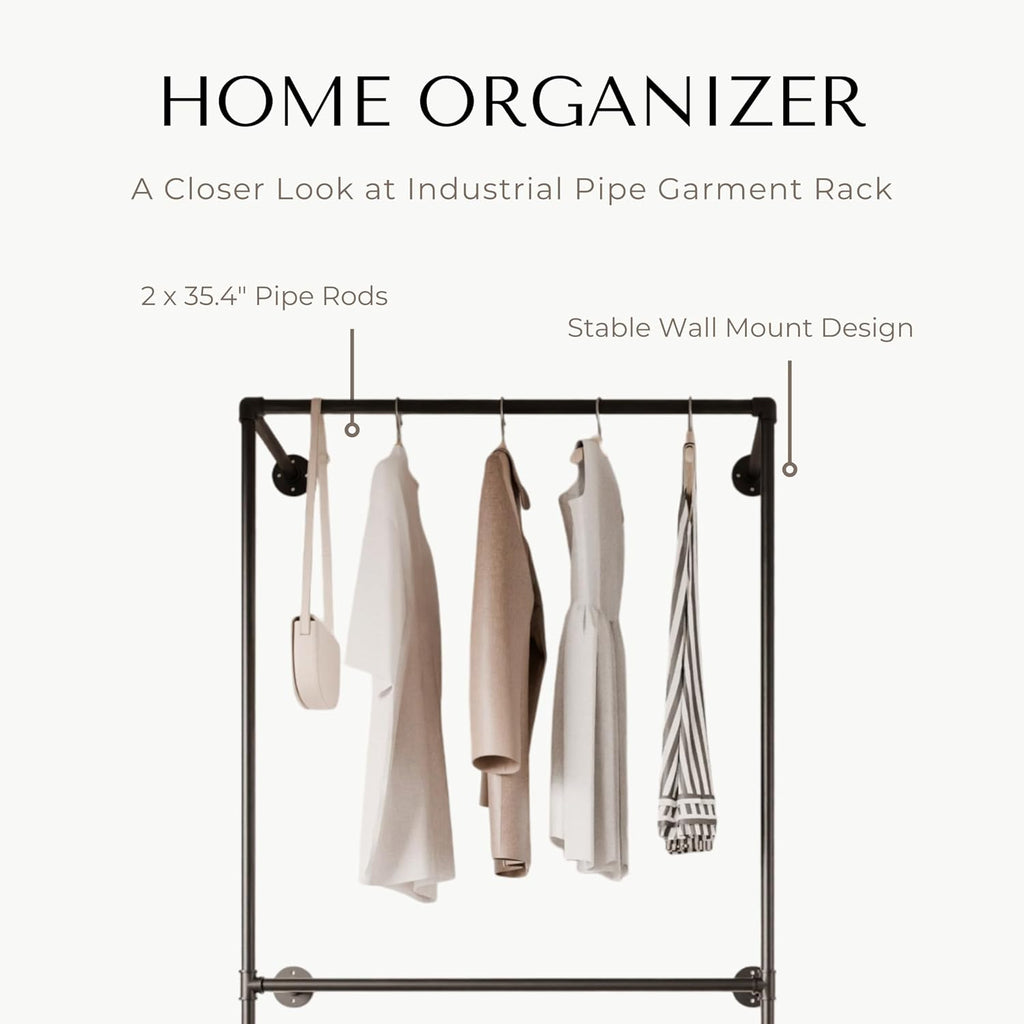 Industrial Pipe Clothing Rack, Heavy Duty Wall Mounted Clothes Rack,Retail Display Hanging Garment Rod for Laundry Room, Closet Storage - 14.6x37.4x82.7 Inches, Model K01
