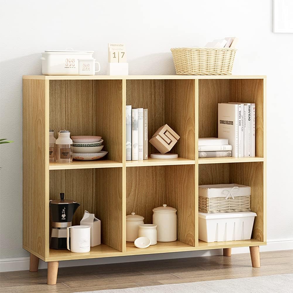 IOTXY Freestanding Open Cubes Bookcase - 2-Tier Floor Standing Wooden Storage Display Cabinet Organizer with Legs for Home Office, 6-Cubes Open Shelf Low Short Bookshelf, Oak