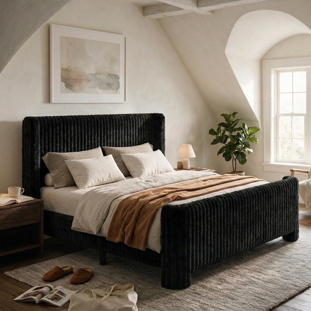 King Bed Frame with Faux Fur Upholstered Curved Wingback Headboard & Foot...