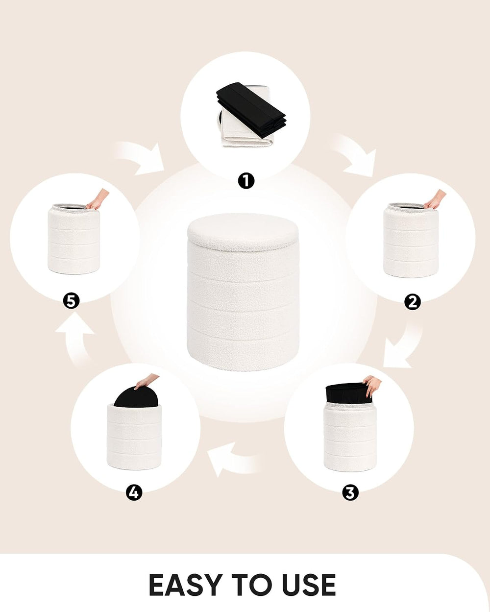 B FSOBEIIALEO Ottoman with Stroage, Round Sherpa Storage Ottoman Stool, Boucl...