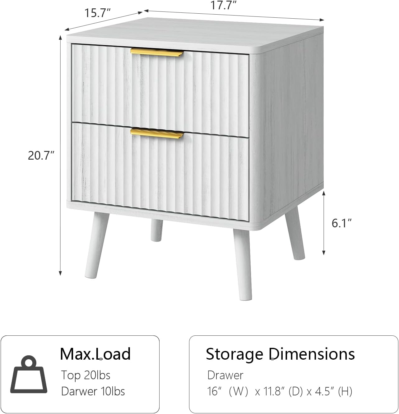 CARPETNAL Fluted Nightstand, White Bedside Table with 2 Drawers and Gold Handles, Wood End Table Mid Century Night Stands for Bedroom Living Room