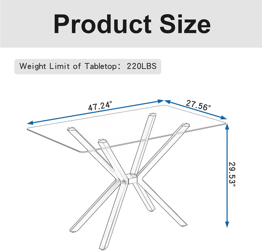 47.24 Inch Rectangular Glass Dining Table Modern Kitchen Glass Top Table for ...