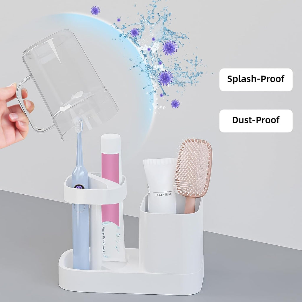 Toothbrush Holder with Cup/Cover Contains 2 Slots, Bathroom Counter Organizer for Electric Toothbrush, Toothpaste, Razors & Small Comb, Tooth Paste Holder for Home Hotel Countertop, White
