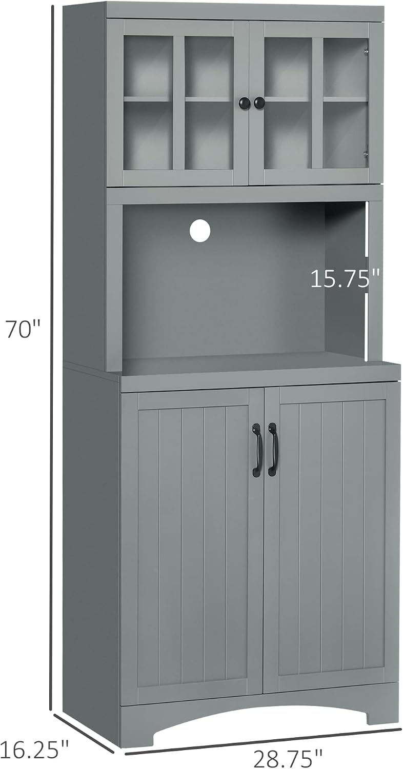 HOMCOM Kitchen Hutch 70" Pantry Cabinet Glass Framed Door Dining Room Gr...