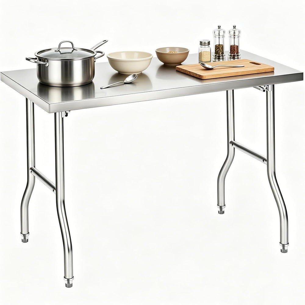 Foldable Stainless Steel Table 48x24 Inch, 1-Tier Portable Workstation, Comme...