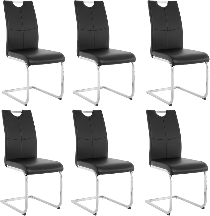 Goujxcy Dining Chairs Set of 6, Modern High Back Kitchen Chairs with Metal Legs and Faux Leather Padded Seat Upholstered Dining Chairs for Dining & Kitchen,Living Room (Black&Silver, Set of 6)