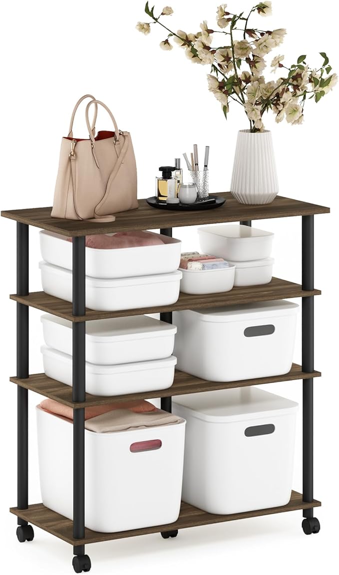 Furinno Helena 4-Tier Multifunction Rolling Open Shelves Storage Cart Organizer, Columbia Walnut/Black
