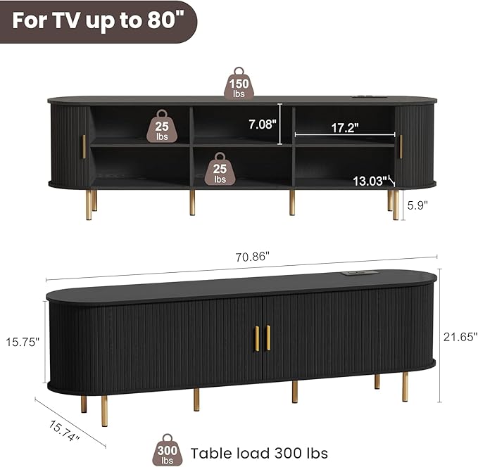 DHH 70.8 Inch Mid Century Modern TV Stand with Power Outlet for TVs up to 80 Inch, Entertainment Center with Storage and Adjustable Shelves, Media Console with Sliding Doors for Living Room(Black)