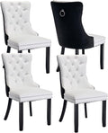 Dining Room Chairs Set of 4, Upholstered Dining Chairs with Back Ring Pull Trim and Solid Wood Legs, Modern Tufted Kitchen Chairs for Dining Room, White Pu Leather Splicing Black Velvet