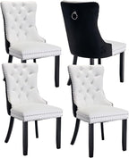 Dining Room Chairs Set of 4, Upholstered Dining Chairs with Back Ring Pull Trim and Solid Wood Legs, Modern Tufted Kitchen Chairs for Dining Room, White Pu Leather Splicing Black Velvet