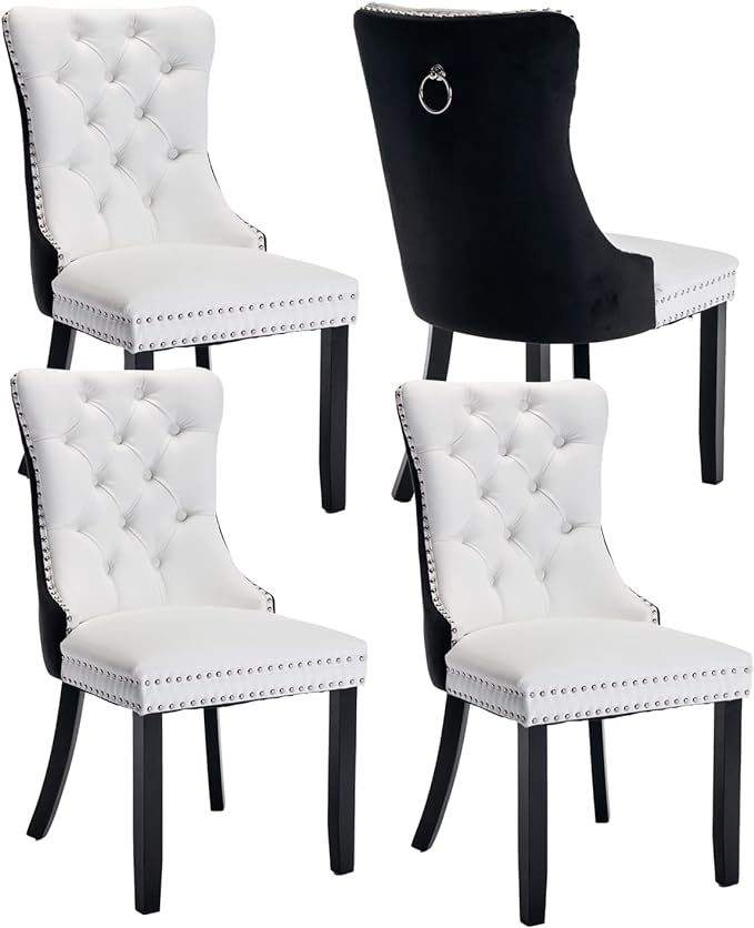 Dining Room Chairs Set of 4, Upholstered Dining Chairs with Back Ring Pull Trim and Solid Wood Legs, Modern Tufted Kitchen Chairs for Dining Room, White Pu Leather Splicing Black Velvet