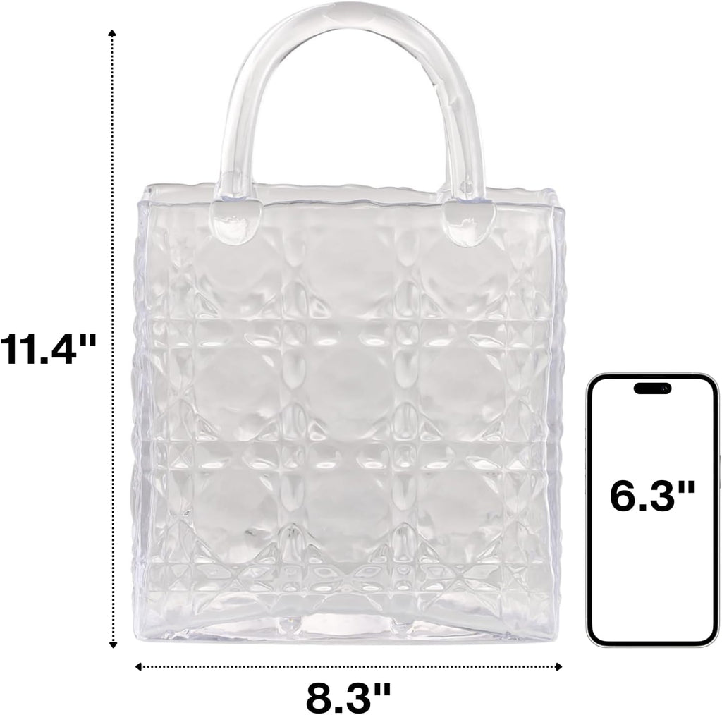 Purse Vase, Glass Bag Vase, Glass Purse Vase for Flowers, Clear Vases, 12 Inch Large Flower Vase with Embossed Pattern for Wedding, Living Room, Bedroom, Table, Office(Tote)