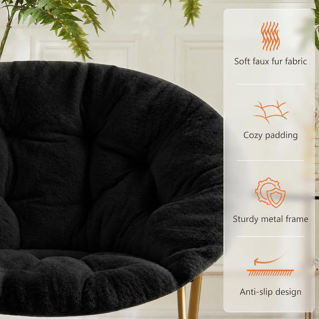 HealSmart Saucer Chair, Comfy Faux Fur Chair for Bedroom, Saucer Chairs for Adults, Teens, Round Shaped Moon Chair with Foldable Metal Frame, Black
