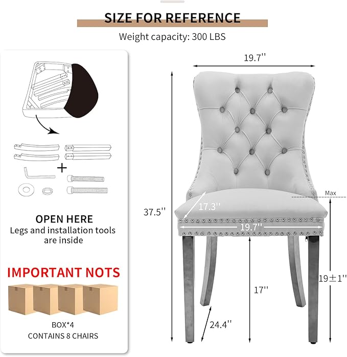 Mid Century Modern Dining Chairs Set of 8, Velvet Upholstered Kitchen & Dining Room Chairs with Nailhead Trim & Brushed Silver Metal Legs, Tufted Kitchen Chairs, Elegant Sillas De Comedor (Red, 8 Pcs)