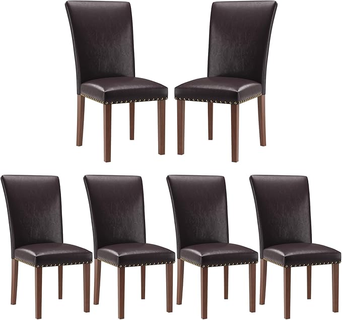 Stylish Dining Chairs Set of 6, Upholstered Parsons Dining Room Chair with Nailhead Trim, Kitchen Room Chair with Thick Cushions and Wood Legs, Nailhead Trim, Dark Brown Leather