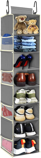 Large-Sized Hanging Shoe Organizer 8-Shelf, Hanging Closet Organizer with 8 Side Pockets, Wider Hanging Shelves for Storage Shoes Clothes 9" W × 11.8" D× 48" H, Grey