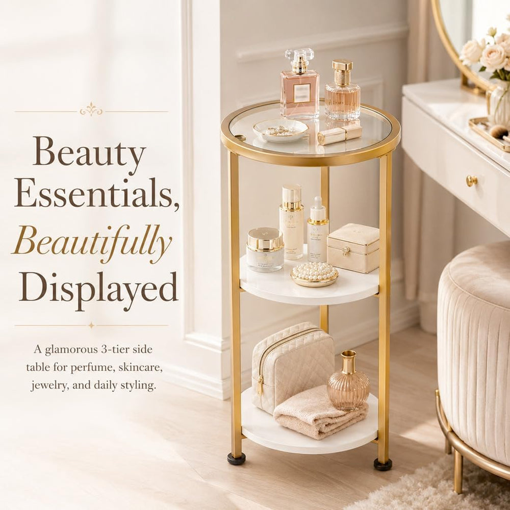 Glass Side Table, Tempered Glass Small Round Side Table with 3-Tier Storage S...