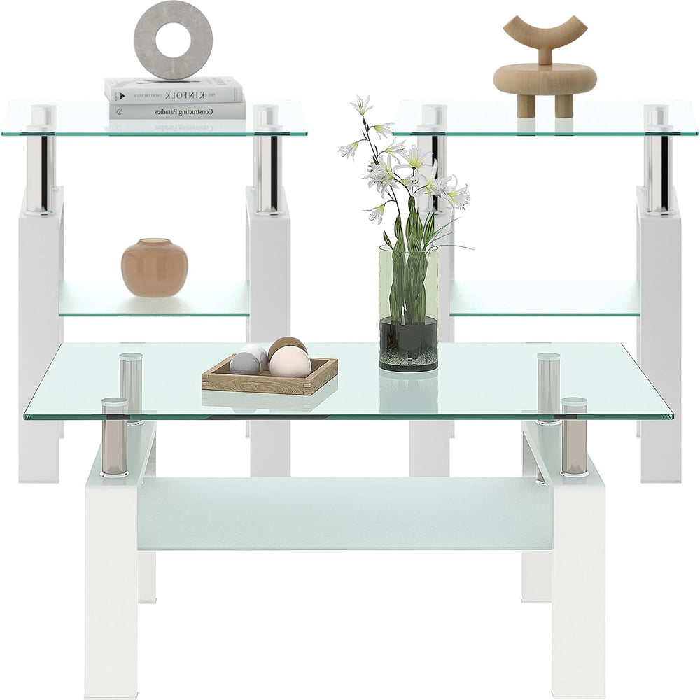 ODUSE-DAILY Glass Coffee Table Set of 3 Piece, Living Room Table Set of 3, Wh...