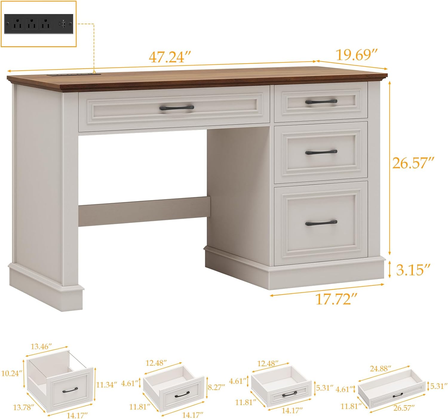 Halitaa Farmhouse 47" Executive Desk, Computer Desk with Drawers and File Drawer, Workstation Computer Desk with Charging Station for Home Office,Study.Unique White
