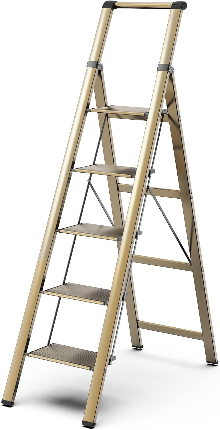 5 Step Ladder, Foldable 5 Step Stool, Gold