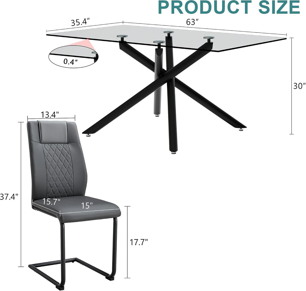 Glass Dining Table Set for 6, 63“ Dining Room Table Set,Rectangle Tempered Gl...