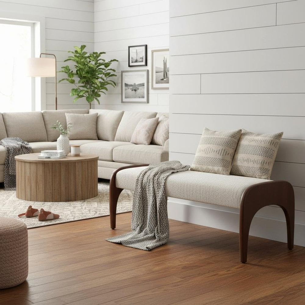 LukeAlon 51-Inch Extra Long Upholstered Bench with Cute Solid Walnut Rubber W...