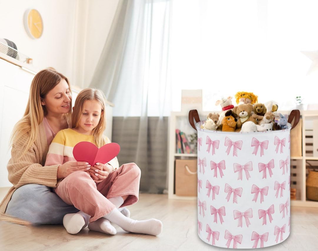 Kids Laundry Hamper,Pink Laundry Basket Collapsible Girls Storage Baskets for Home Decor,Office,Toy Organizer,(Pink Bowknot)