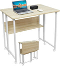 32'' Small Folding Table, Foldable Table with w/Rollers and Fixed Feets,Steel Frame and MDF Top,Couch Table for Small Space, Easy Assembly, Natural and White
