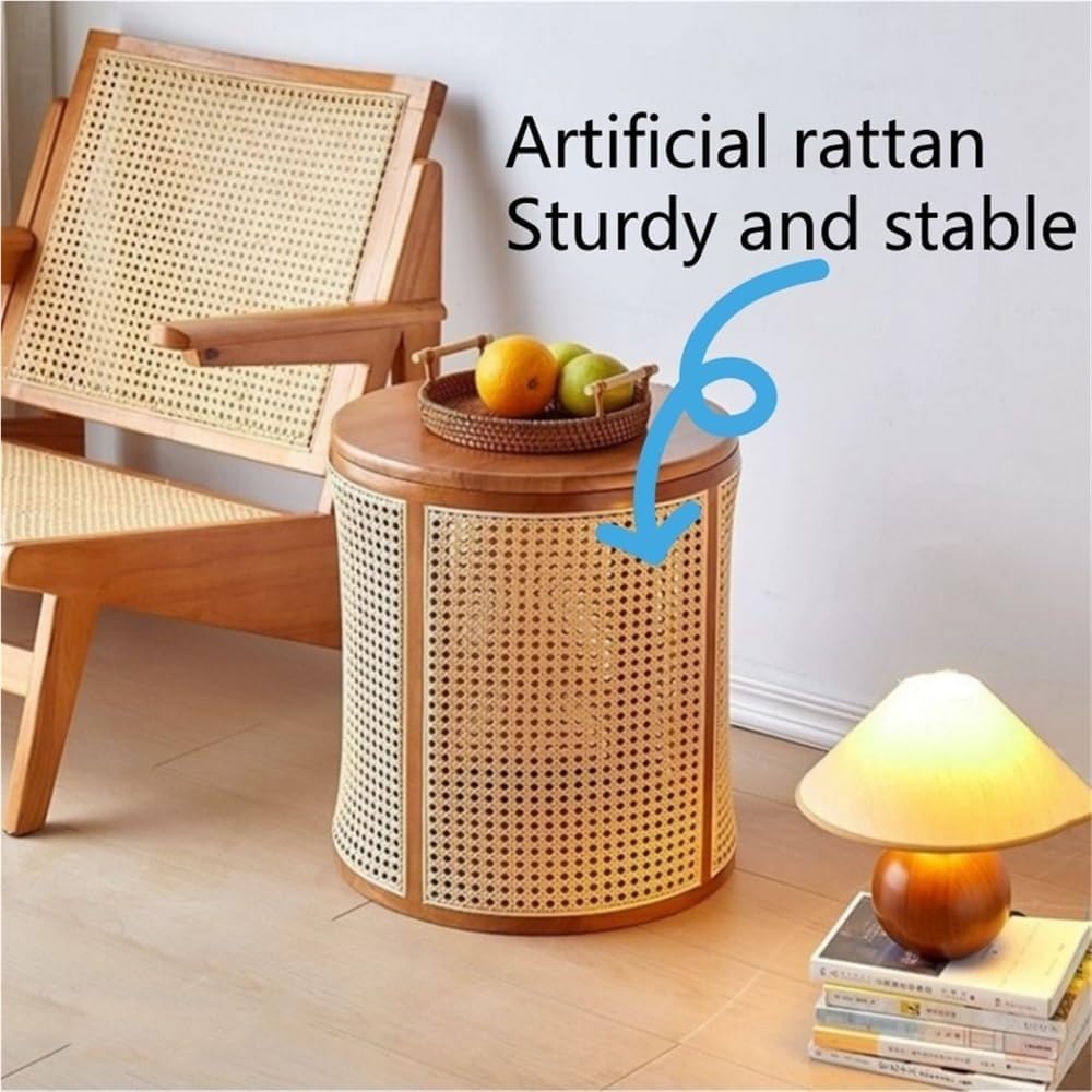 Round Rattan Storage Side Table Wooden Stool Stylish Woven Storage Solution V...