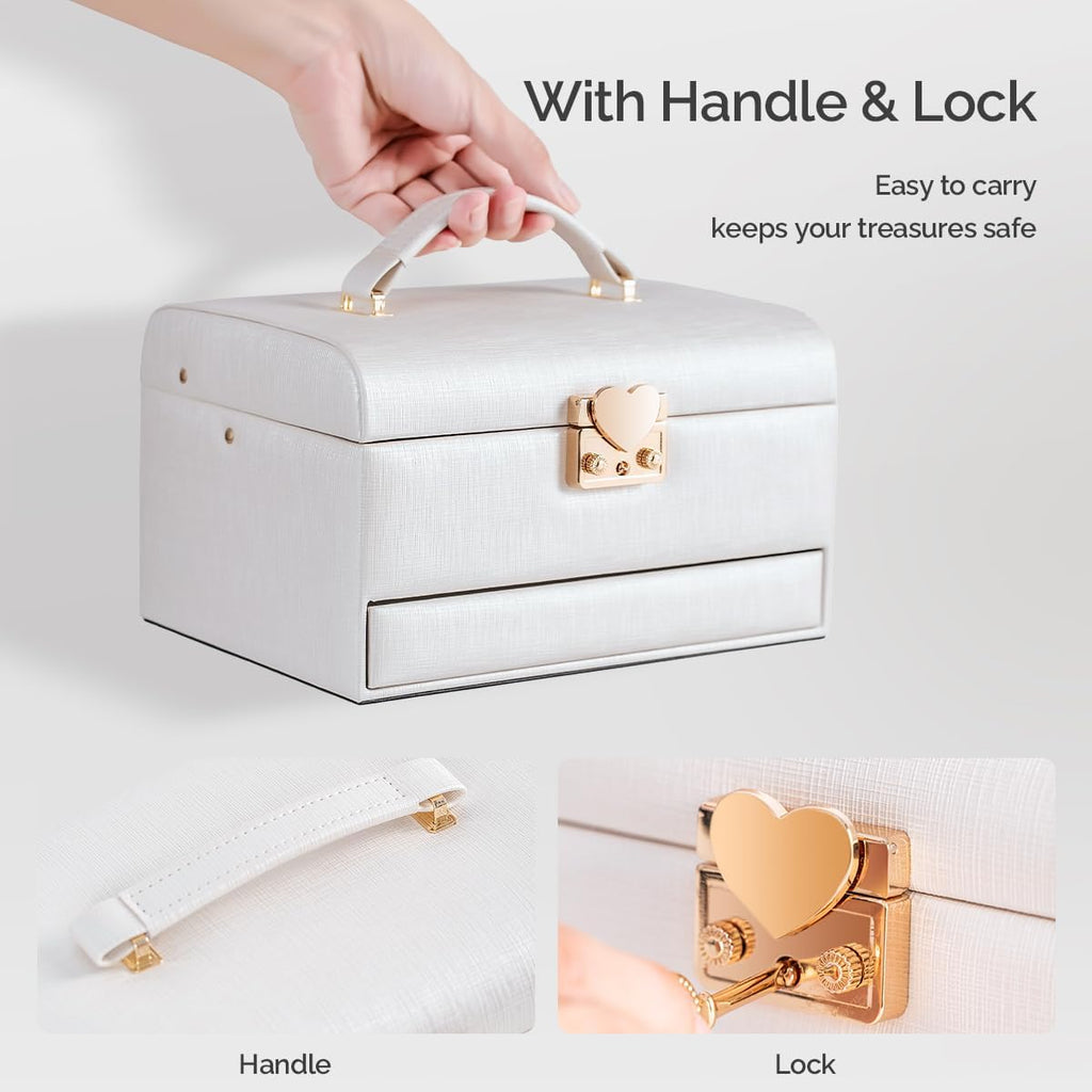 CASEGRACE Jewelry Box,3 Layers Leather Jewelry Storage Box with Lock, Mirror,Jewelry Storage Case for Necklaces Earrings Bracelets and Rings